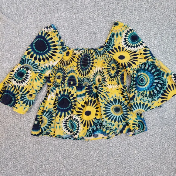Terra & Sky Floral Blouse, Blue & Yellow Tie Dye, Womens Sz XL - Picture 7 of 9